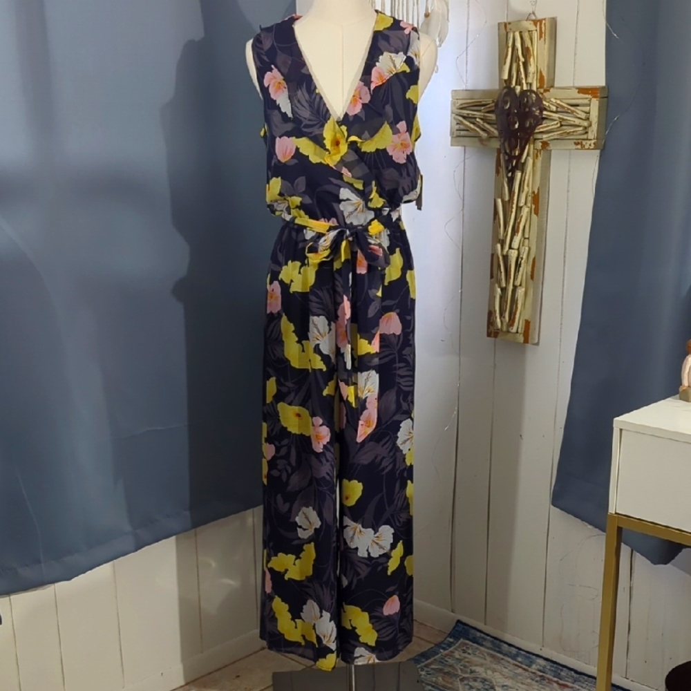 Bar III Navy Floral Wrap Jumpsuit with Yellow & Pink Accents